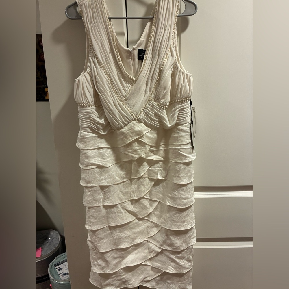 Adrianna Papell Cream Ruched Cowl Neck Sheath Dress